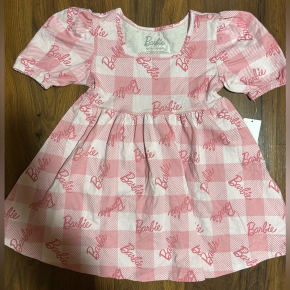 Girls’ Barbie Checkered Short Puff Sleeve Dress - Pink XS - Picture 3 of 4